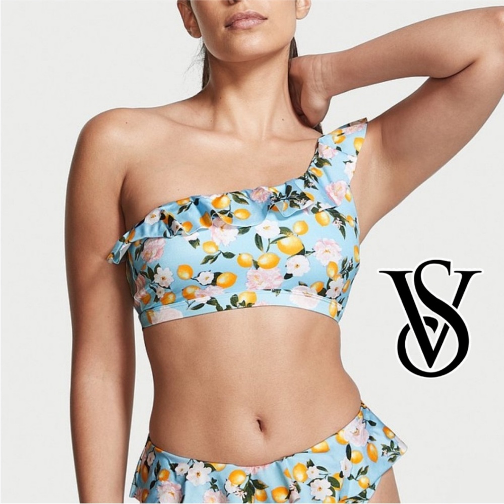 Victoria's Secret Blue and Lemon Ruffle One-Shoulder Bikini Top (TOP ONLY)